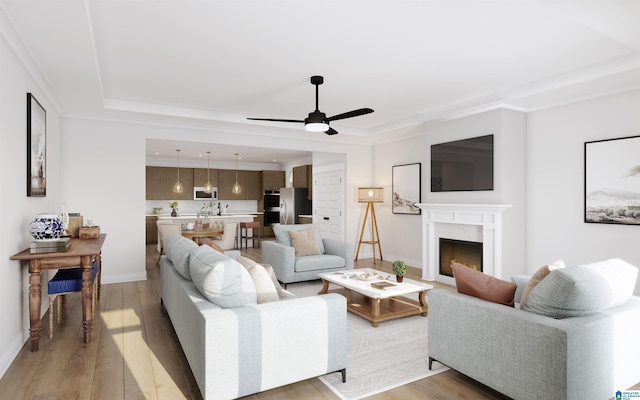 living room featuring baseboards, ceiling fan, light wood-type flooring, a raised ceiling, and a premium fireplace