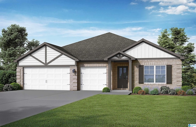 ranch-style house featuring a front yard, roof with shingles, brick siding, concrete driveway, and an attached garage