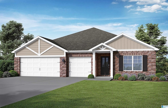 view of front of property with roof with shingles, an attached garage, brick siding, a front yard, and driveway