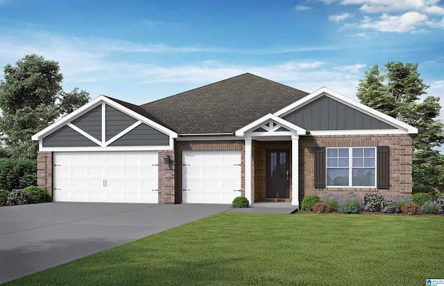 view of front of property with concrete driveway, brick siding, a front yard, and a garage