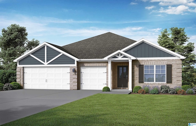 view of front of property with roof with shingles, an attached garage, brick siding, a front yard, and driveway