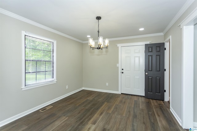 733 Heflin Ave E, Birmingham, AL 35214 - interior space with a notable chandelier, ornamental molding, baseboards, visible vents, and dark wood-style floors