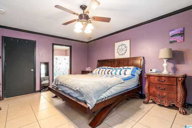 tiled bedroom with a ceiling fan and ornamental molding