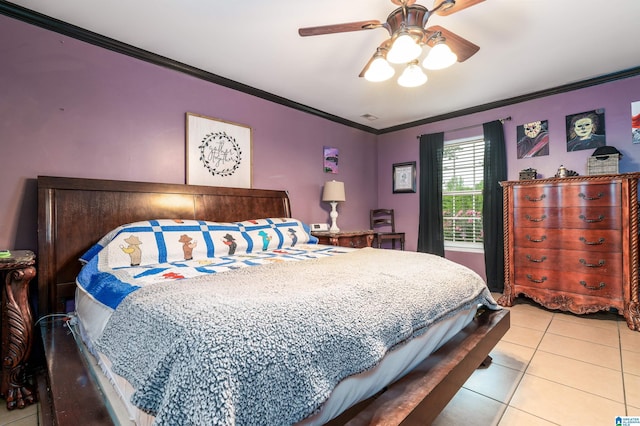 bedroom featuring crown molding, ceiling fan, and light tile patterned floors