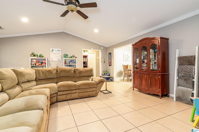 living area with crown molding, light tile patterned flooring, ceiling fan, recessed lighting, and vaulted ceiling