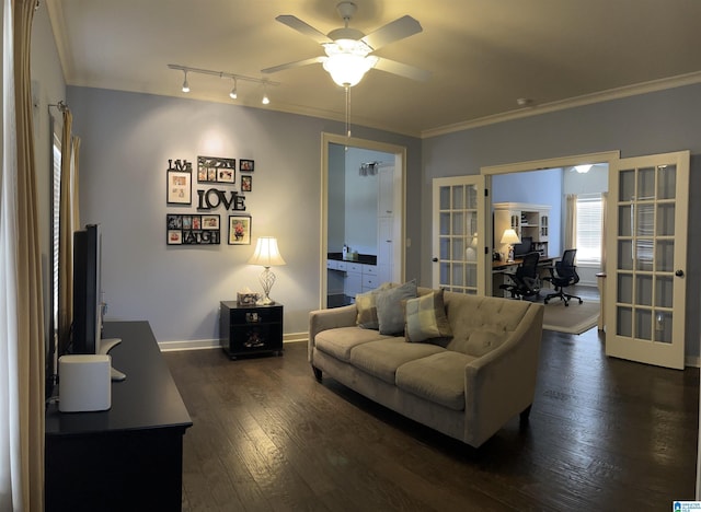 1516 James Hill Way, Hoover, AL 35226 - living area featuring a ceiling fan, french doors, dark wood finished floors, baseboards, and ornamental molding