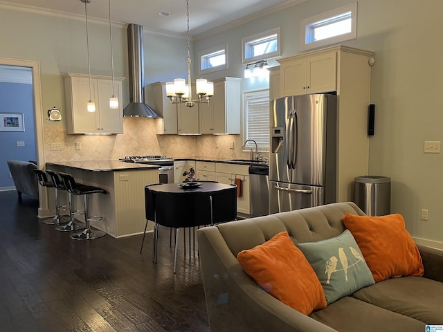 1516 James Hill Way, Hoover, AL 35226 - kitchen featuring open floor plan, dark wood-type flooring, island exhaust hood, a notable chandelier, and stainless steel appliances