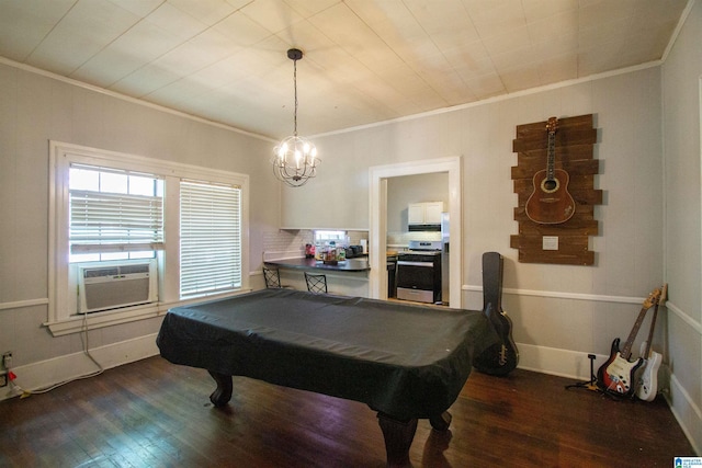 402 8th St, Clanton, AL 35045 - game room featuring crown molding, dark wood-style flooring, cooling unit, a chandelier, and billiards