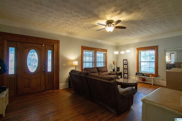 402 8th St, Clanton, AL 35045 - living room with a ceiling fan, dark wood-type flooring, a textured ceiling, and crown molding