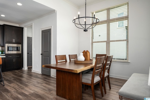 3304 Trip Run, Hoover, AL 35244 - dining room with crown molding, a chandelier, baseboards, dark wood finished floors, and recessed lighting