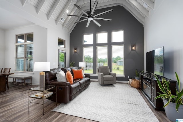 3304 Trip Run, Hoover, AL 35244 - living room with high vaulted ceiling, wood finished floors, a ceiling fan, beamed ceiling, and baseboards