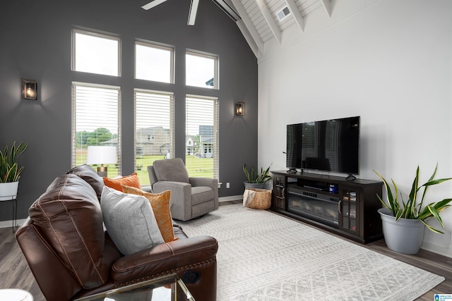 3304 Trip Run, Hoover, AL 35244 - living room featuring a ceiling fan, baseboards, high vaulted ceiling, wood finished floors, and beamed ceiling