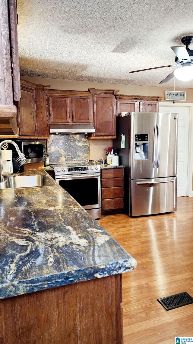kitchen with ceiling fan, light wood-type flooring, a sink, under cabinet range hood, and stainless steel appliances