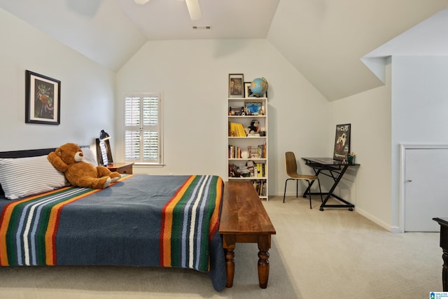 bedroom with carpet flooring, a ceiling fan, baseboards, vaulted ceiling, and visible vents