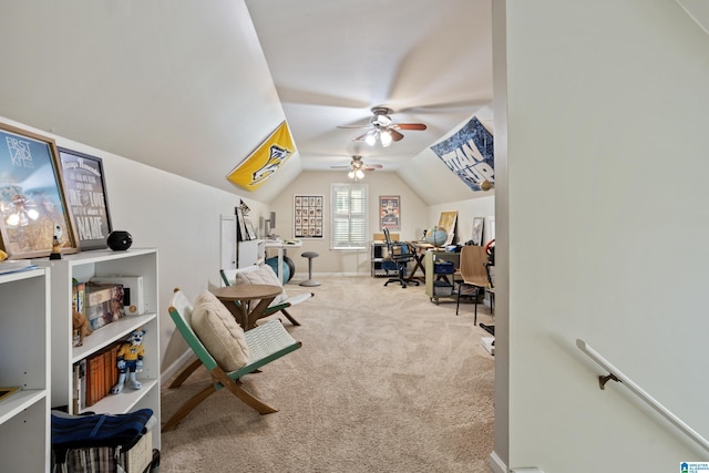 interior space with a ceiling fan and lofted ceiling