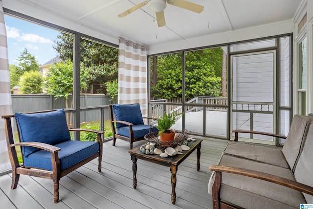 sunroom / solarium featuring plenty of natural light and ceiling fan
