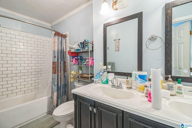 full bath with shower / bath combo with shower curtain, double vanity, ornamental molding, toilet, and a sink