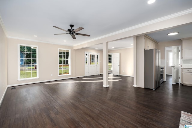 5708 Hickory Ct, Pinson, AL 35126 - unfurnished living room with ceiling fan, dark wood-style floors, baseboards, recessed lighting, and crown molding