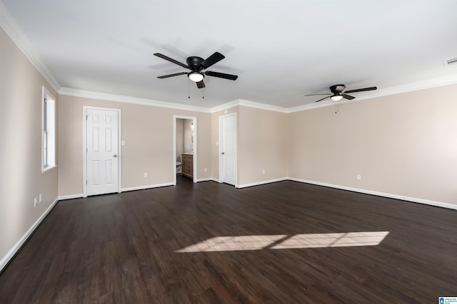 5708 Hickory Ct, Pinson, AL 35126 - unfurnished living room featuring a ceiling fan, dark wood finished floors, baseboards, and crown molding