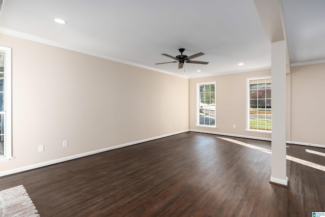 5708 Hickory Ct, Pinson, AL 35126 - unfurnished living room featuring dark wood-style flooring, ceiling fan, baseboards, crown molding, and recessed lighting