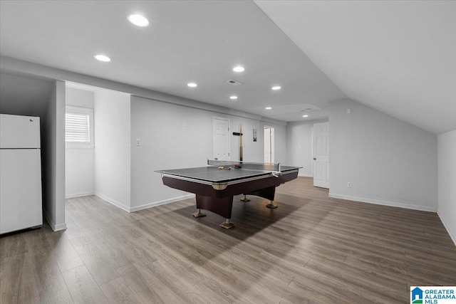 game room featuring baseboards, recessed lighting, wood finished floors, and visible vents