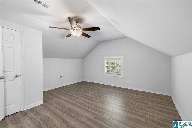 bonus room with visible vents, ceiling fan, and wood finished floors