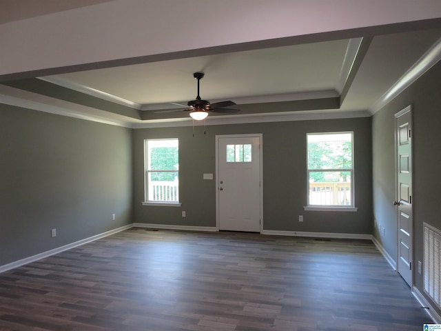 foyer featuring ornamental molding, dark wood-style flooring, and a tray ceiling