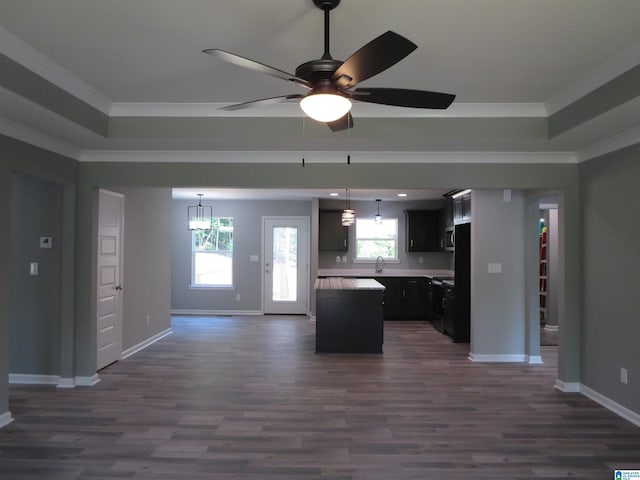 kitchen with open floor plan, baseboards, a raised ceiling, and a center island