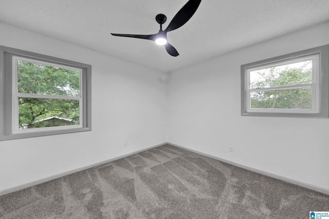 empty room featuring baseboards, ceiling fan, carpet, and a wealth of natural light