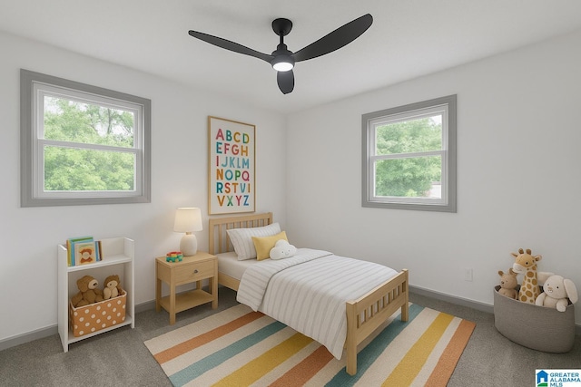 bedroom featuring baseboards, carpet, ceiling fan, and multiple windows