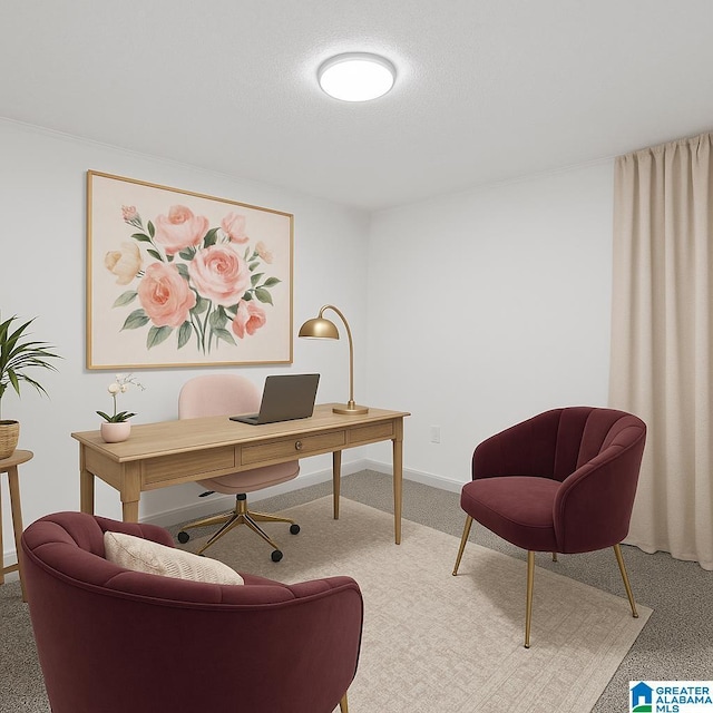 home office with baseboards and carpet