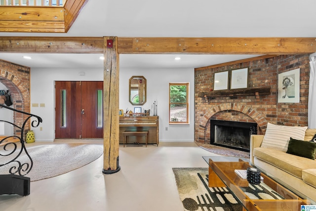 323 Taylor Rd, Remlap, AL 35133 - living area featuring a brick fireplace, finished concrete floors, baseboards, beam ceiling, and recessed lighting