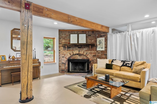 323 Taylor Rd, Remlap, AL 35133 - living area with concrete floors, recessed lighting, a fireplace, baseboards, and beam ceiling
