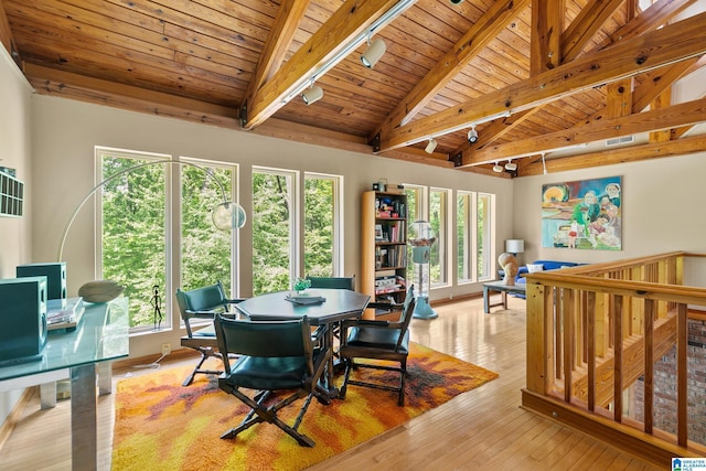 323 Taylor Rd, Remlap, AL 35133 - dining area with wood ceiling, a desk, beam ceiling, hardwood / wood-style floors, and high vaulted ceiling