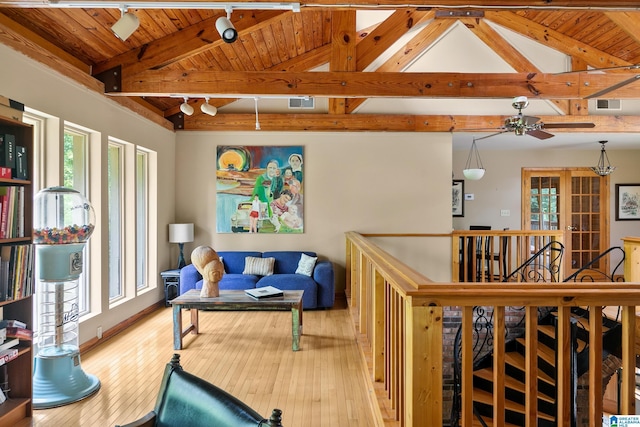 323 Taylor Rd, Remlap, AL 35133 - living area featuring wooden ceiling, an upstairs landing, hardwood / wood-style flooring, and healthy amount of natural light
