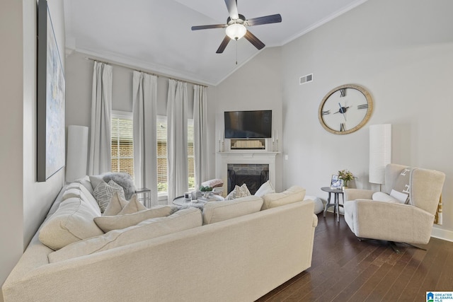 1204 Grants Way, Irondale, AL 35210 - living area with crown molding, ceiling fan, a fireplace, dark wood-type flooring, and baseboards