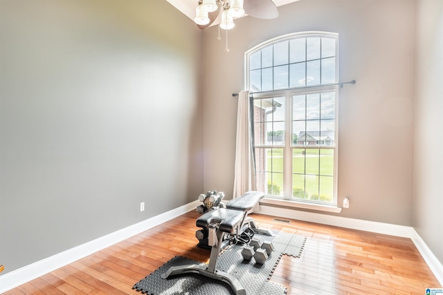 145 Cameron Ct, Alexandria, AL 36250 - exercise room with wood-type flooring, a ceiling fan, baseboards, and visible vents
