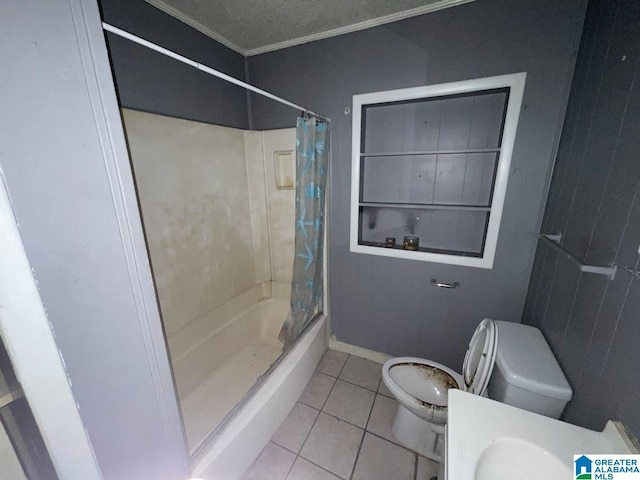 bathroom with shower / bath combo, tile patterned flooring, vanity, toilet, and ornamental molding