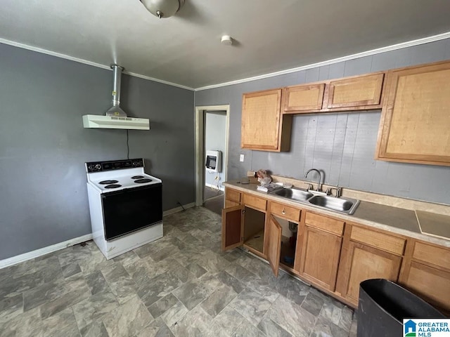 kitchen with a sink, baseboards, light countertops, under cabinet range hood, and electric stove
