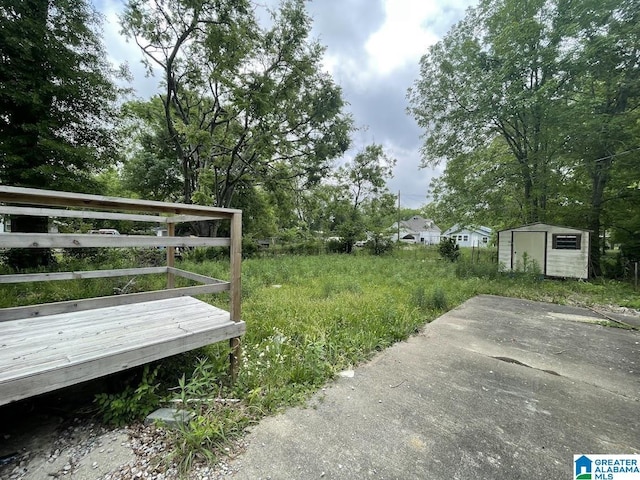 view of yard featuring an outdoor structure and a storage shed