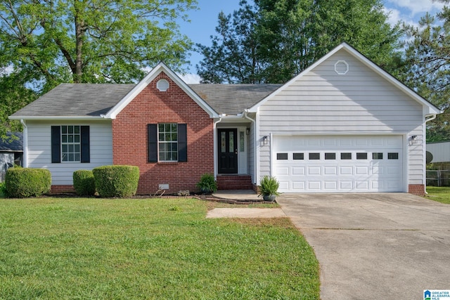 ranch-style house featuring a garage, a front yard, brick siding, crawl space, and driveway