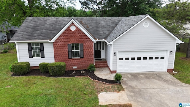 ranch-style home featuring a shingled roof, an attached garage, a front lawn, brick siding, and concrete driveway