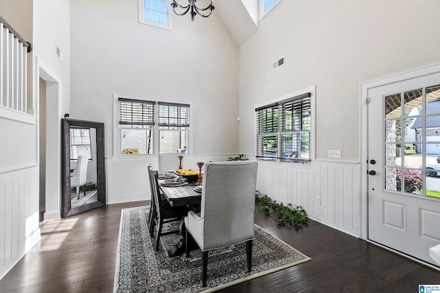 4000 Dunemere Ln, Hoover, AL 35226 - dining space featuring wainscoting, dark wood-style flooring, healthy amount of natural light, a high ceiling, and a chandelier