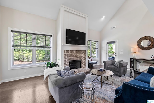 4000 Dunemere Ln, Hoover, AL 35226 - living area featuring plenty of natural light, wood finished floors, a fireplace, and high vaulted ceiling