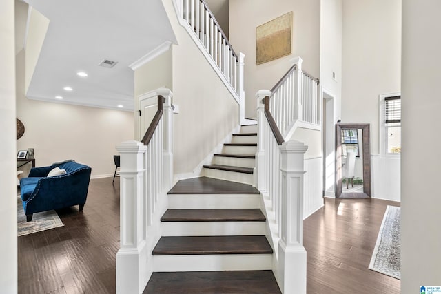 4000 Dunemere Ln, Hoover, AL 35226 - stairway featuring wood finished floors, recessed lighting, ornamental molding, and a high ceiling
