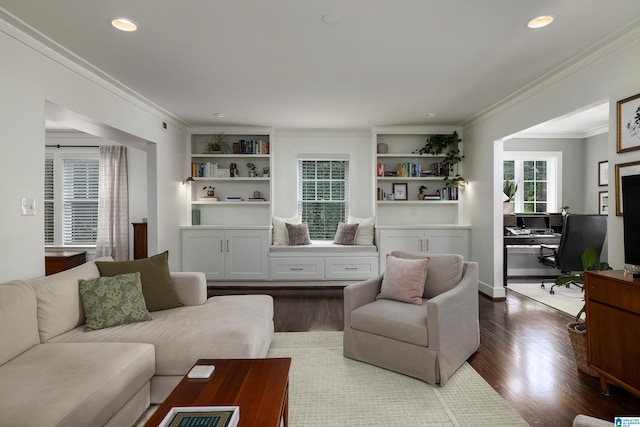1305 31st St S Unit 202, Birmingham, AL 35205 - living area featuring a desk, dark wood finished floors, crown molding, and recessed lighting