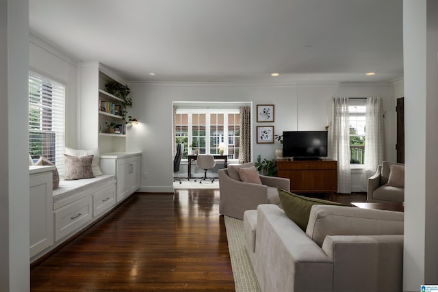 1305 31st St S Unit 202, Birmingham, AL 35205 - living area with crown molding, healthy amount of natural light, dark wood-style flooring, recessed lighting, and an office area