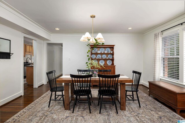 1305 31st St S Unit 202, Birmingham, AL 35205 - dining room featuring wood finished floors, ornamental molding, a chandelier, baseboards, and recessed lighting