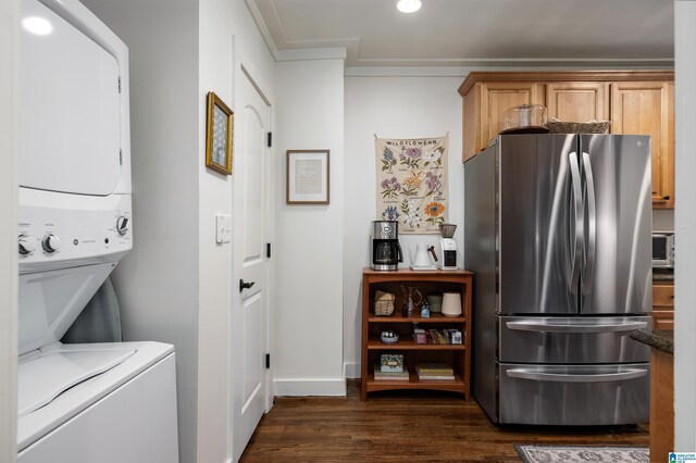 1305 31st St S Unit 202, Birmingham, AL 35205 - laundry area with stacked washer / drying machine, dark wood-type flooring, recessed lighting, and baseboards