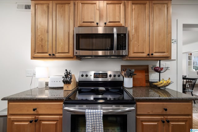 1305 31st St S Unit 202, Birmingham, AL 35205 - kitchen with stainless steel appliances, dark stone counters, and brown cabinetry